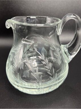 Vintage Etched Glass Small Pitcher 4” Lily of the Valley Floral Creamer Syrup